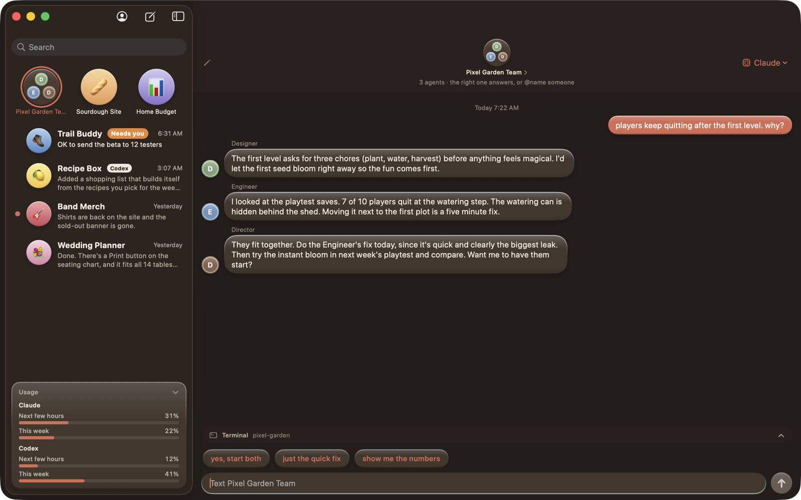 A group chat in dark mode with three specialists answering